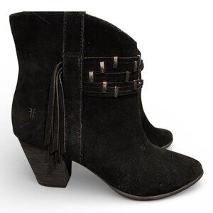 Frye Women’s 9.5M Black Suede Fringe Booties – Boho Western Style